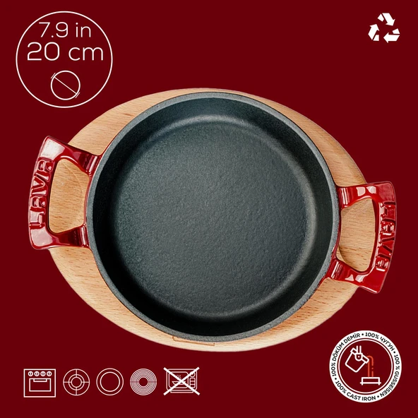 Lava Döküm Yuvarlak Sahan Döküm Demir Yekpare Çift Kulplu Kayın Servis Ahşabı. Çap(Ø)20cm.  Kırmızı - Resim 4