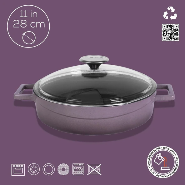 Lava Döküm Çok Amaçlı Yayvan Tencere. Glaze Serisi Çap(Ø)28cm.  Mor - Resim 4
