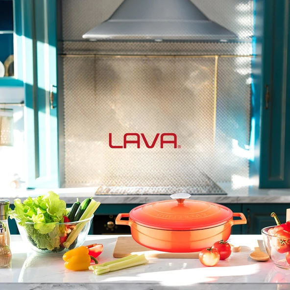 Lava Döküm Çok Amaçlı Yayvan Tencere. Folk Serisi Çap(Ø)28cm.  Turuncu - Resim 7