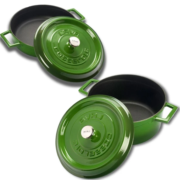 Lava Döküm Yuvarlak Derin ve Sığ 5 Parça Tencere Seti  Yeşil - Resim 3