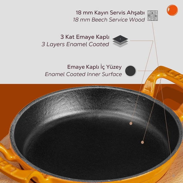 Lava Döküm Yuvarlak Sahan Döküm Demir Yekpare Çift Kulplu Kayın Servis Ahşabı. Çap(Ø)20cm.  Turuncu - Resim 6
