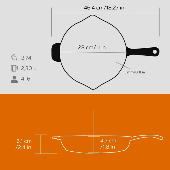Lava Döküm Yuvarlak Kızartma Tavası Döküm Demir Yekpare Saplı. Çap(Ø)28cm  Turuncu - Resim 5
