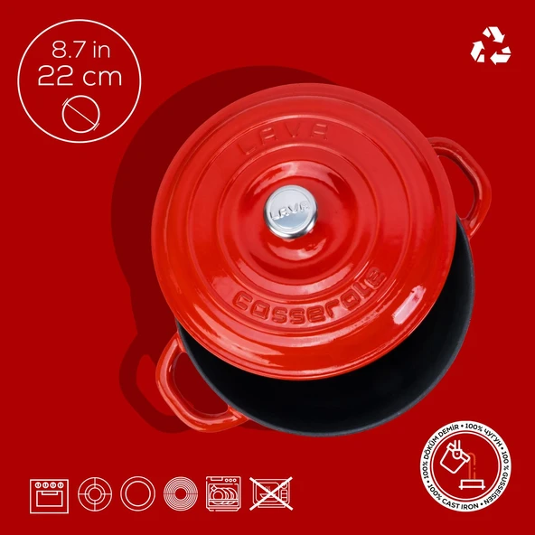 Lava Döküm Yuvarlak Tencere Döküm Demir Kapak New Heritage Serisi Çap(Ø)22cm.  Kırmızı - 4