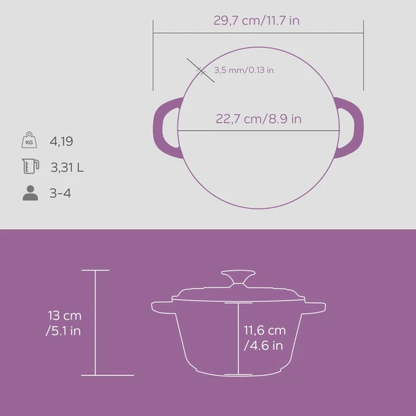Lava Döküm Yuvarlak Tencere Döküm Demir Kapak New Heritage Serisi Çap(Ø)22cm.  Mor - Resim 5