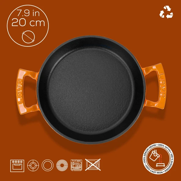 Lava Döküm Yuvarlak Sahan Döküm Demir Yekpare Çift Kulplu Çap(Ø)20cm.  Turuncu - Resim 4