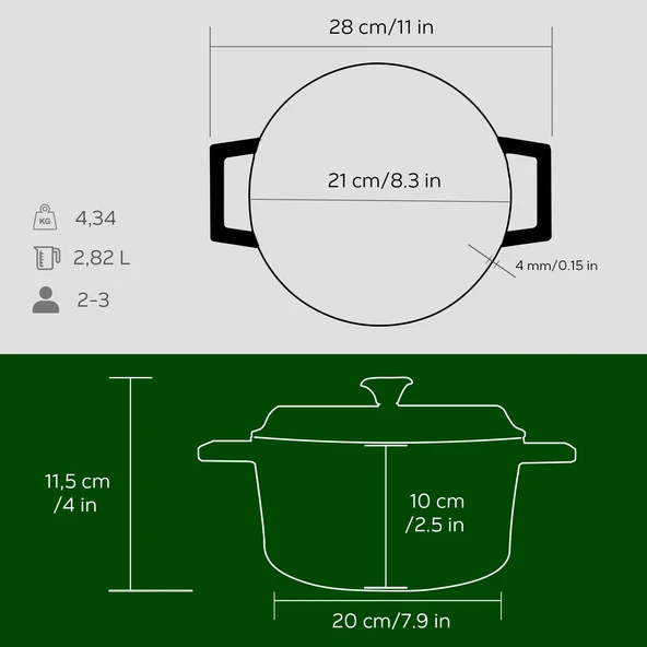 Lava Döküm Yuvarlak Tencere. Trendy Çap(Ø)20cm.  Yeşil - Resim 5