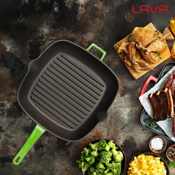 Lava Döküm Kare Izgara Tava Döküm Demir Yekpare Saplı Ölçü 28x28cm.  Yeşil - Resim 6