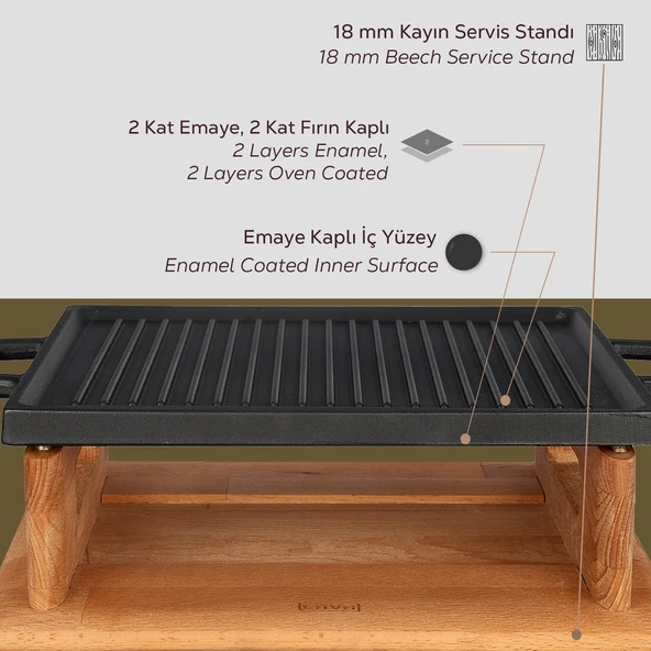 Lava Döküm Dikdörtgen Çift Yön Izgara Hot Plate Döküm Demir Yekpare Çift Kulplu Kayın Servis Ahşabı Ölçü 22x30cm.(Isıtıcı dahil değildir.) - 6