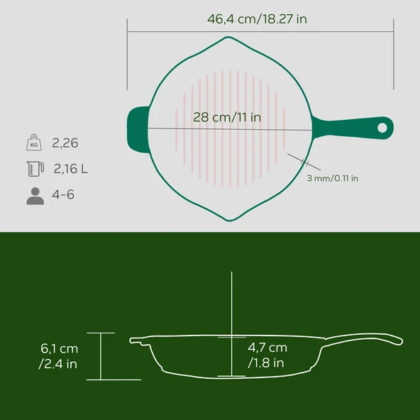 Lava Döküm Yuvarlak Izgara Tavası Döküm Demir Yekpare Saplı Premium Serisi. Çap(Ø)28cm.  Yeşil - Resim 5