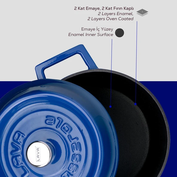 Lava Döküm Yuvarlak Tencere. Trendy Çap(Ø)20cm.  Mavi - Resim 6