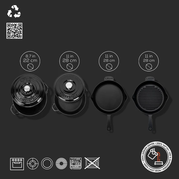 Lava Döküm 4X New Heritage Serisi Döküm Demir Tencere Tava Çeyiz Seti  Siyah - Resim 4