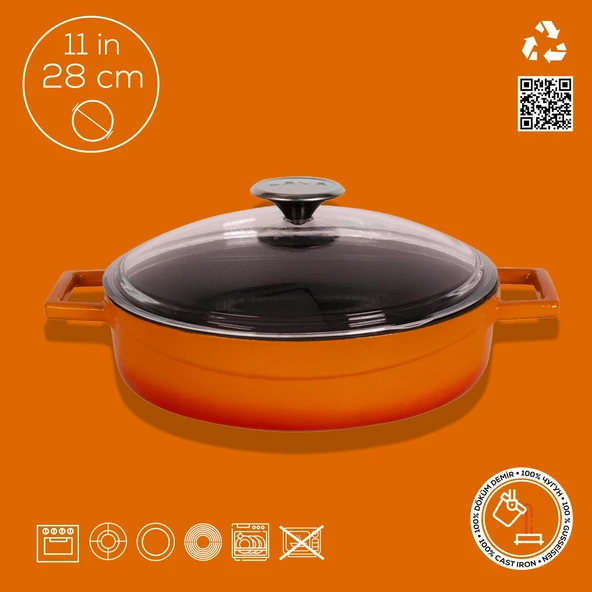 Lava Döküm Çok Amaçlı Yayvan Tencere. Glaze Serisi Çap(Ø)28cm. Turuncu - 4