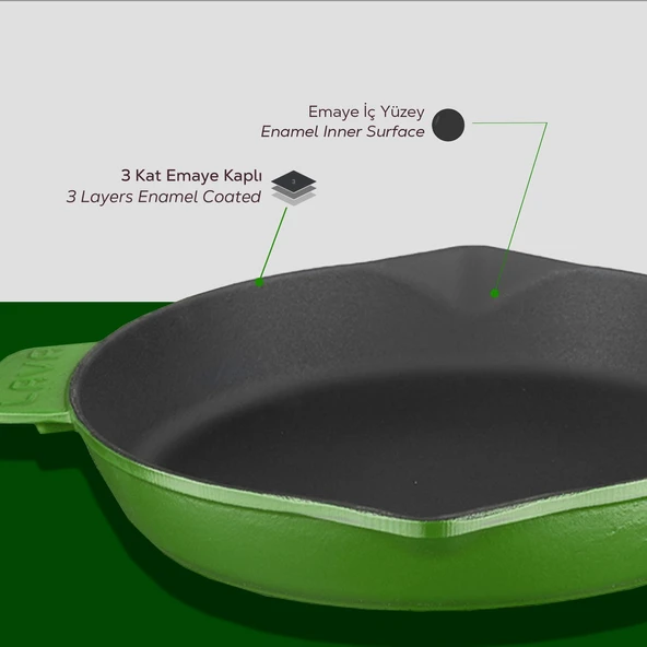 Lava Döküm Yuvarlak Kızartma Tavası Döküm Demir Yekpare Saplı. Çap(Ø)28cm  Yeşil - Resim 6