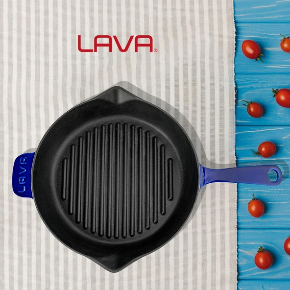 Lava Döküm Yuvarlak Izgara Tavası Döküm Demir Yekpare Saplı Premium Serisi. Çap(Ø)28cm.  Mavi - Resim 8