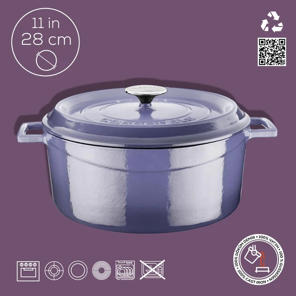 Lava Döküm Yuvarlak Tencere. Trendy Çap(Ø)28cm.  Mor - Resim 4