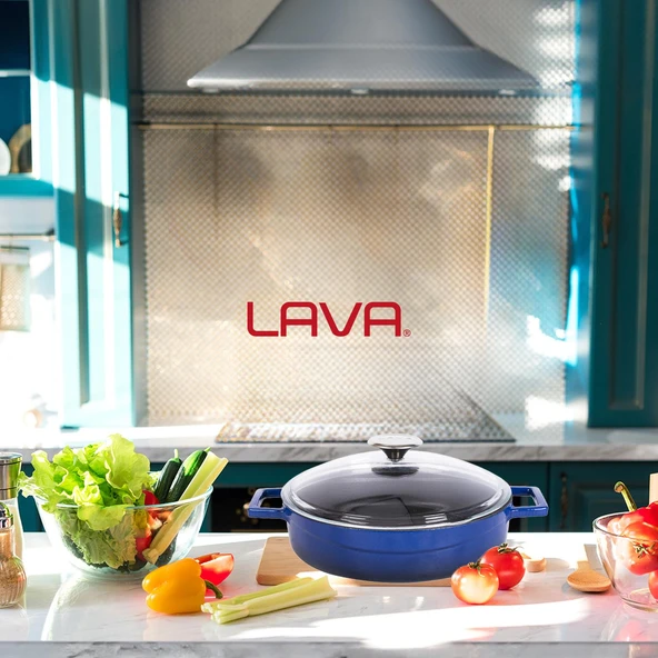 Lava Döküm Çok Amaçlı Yayvan Tencere. Glaze Serisi Çap(Ø)28cm.  Mavi - 7
