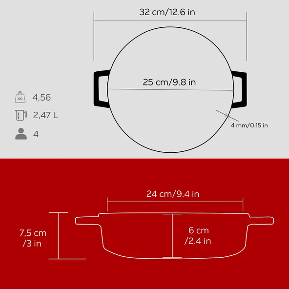 Lava Döküm Çok Amaçlı Yayvan Tencere. Trendy Serisi Çap(Ø)24cm.  Kırmızı - Resim 5