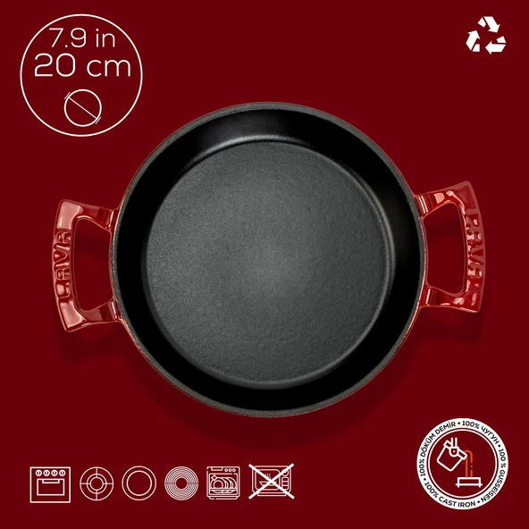 Lava Döküm Yuvarlak Sahan Döküm Demir Yekpare Çift Kulplu Çap(Ø)20cm.  Kırmızı - Resim 4