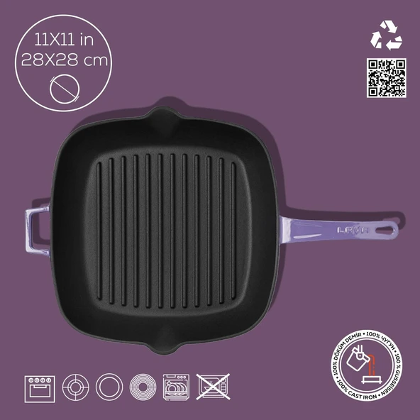 Lava Döküm Kare Izgara Tava Döküm Demir Yekpare Saplı Ölçü 28x28cm.  Mor - Resim 3