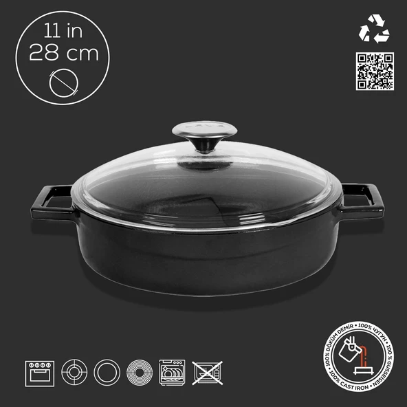 Lava Döküm Çok Amaçlı Yayvan Tencere. Glaze Serisi Çap(Ø)28cm.  Siyah - Resim 4