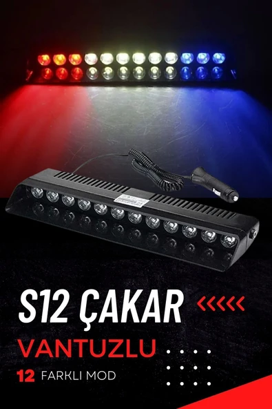 S12 Lamba Cam Içi Vantuzlu 12 Led Kırmızı Beyaz Mavi Çakmaklık Girişli 12 Mod ürün görseli