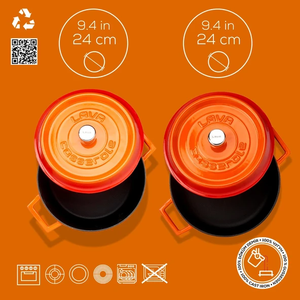 Lava Döküm Yuvarlak Derin ve Sığ 5 Parça Tencere Seti  Turuncu - Resim 7