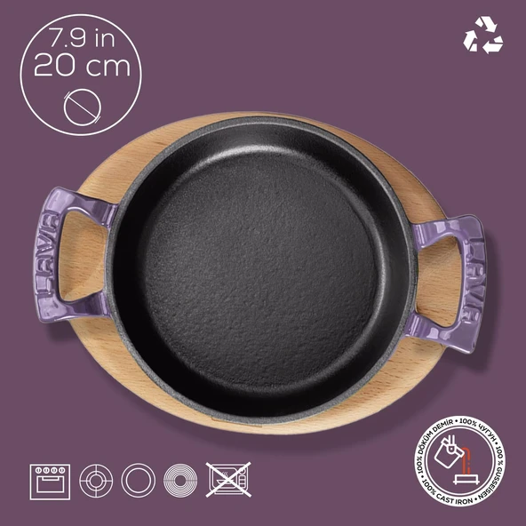 Lava Döküm Yuvarlak Sahan Döküm Demir Yekpare Çift Kulplu Kayın Servis Ahşabı. Çap(Ø)20cm.  Mor - 4