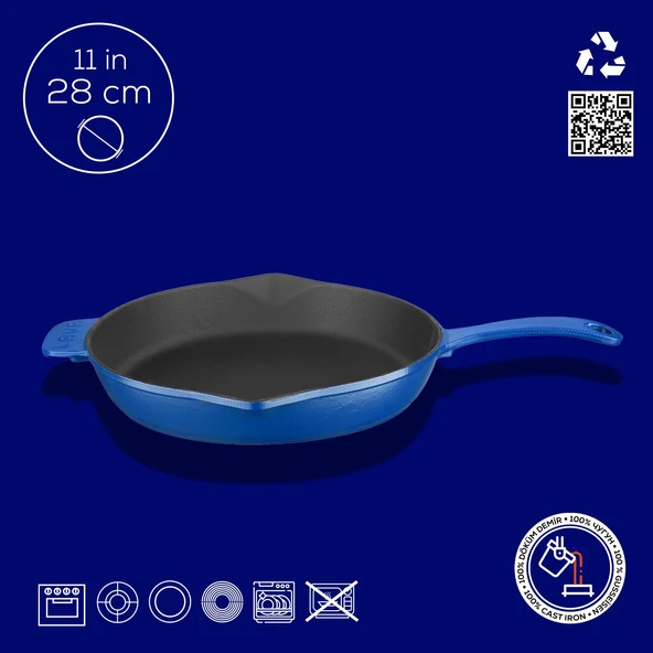 Lava Döküm Yuvarlak Kızartma Tavası Döküm Demir Yekpare Saplı. Çap(Ø)28cm  Mavi - 4
