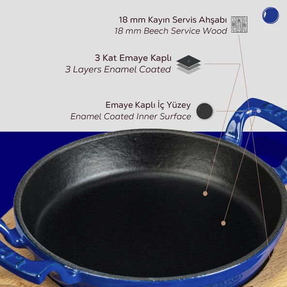 Lava Döküm Yuvarlak Sahan Döküm Demir Yekpare Çift Kulplu Kayın Servis Ahşabı. Çap(Ø)20cm.  Mavi - Resim 6