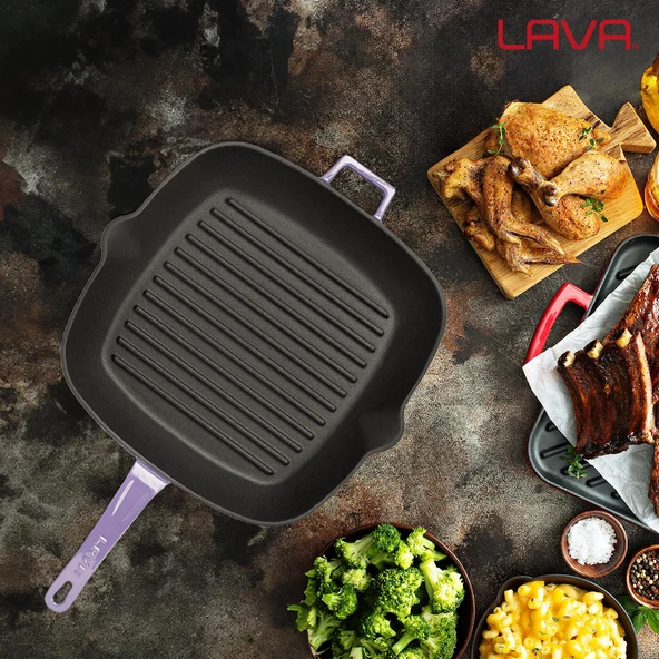 Lava Döküm Kare Izgara Tava Döküm Demir Yekpare Saplı Ölçü 28x28cm.  Mor - Resim 6