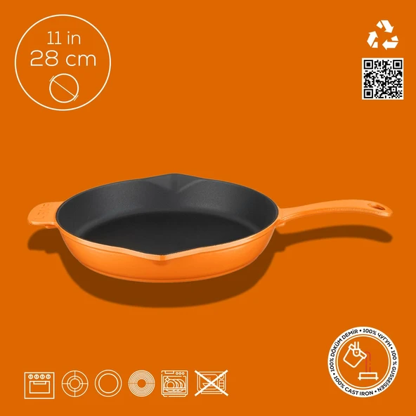 Lava Döküm Yuvarlak Kızartma Tavası Döküm Demir Yekpare Saplı. Çap(Ø)28cm  Turuncu - Resim 4