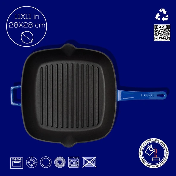 Lava Döküm Kare Izgara Tava Döküm Demir Yekpare Saplı Ölçü 28x28cm.  Mavi - Resim 4