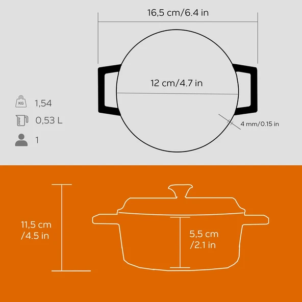 Lava Döküm Yuvarlak Tencere. Trendy Çap(Ø) 12cm.  Turuncu - Resim 4