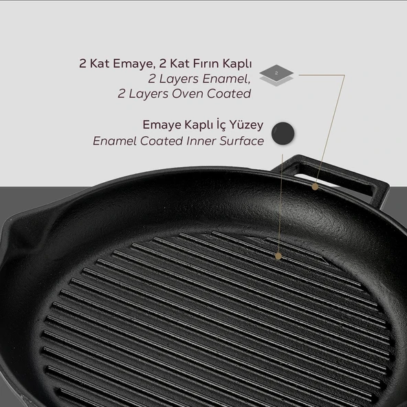 Lava Döküm Yuvarlak Izgara Tavası Döküm Demir Yekpare Çift Kulplu Çap(Ø)30cm. - Resim 6