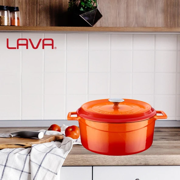 Lava Döküm Yuvarlak Tencere. Trendy Çap(Ø)28cm.  Turuncu - 7