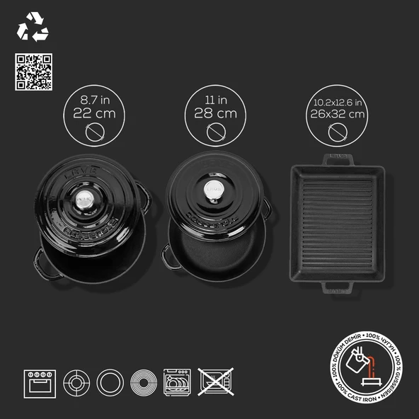 Lava Döküm 6X New Heritage Serisi Döküm Demir Tencere Tava Çeyiz Seti  Siyah - Resim 5