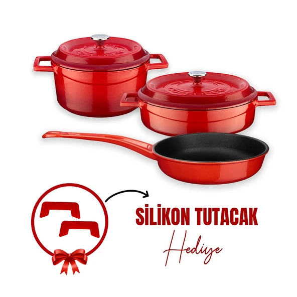 Lava Döküm 3x Trendy Serisi 6 Parça Tencere & Tava Seti Kırmızı