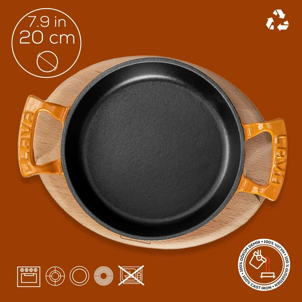 Lava Döküm Yuvarlak Sahan Döküm Demir Yekpare Çift Kulplu Kayın Servis Ahşabı. Çap(Ø)20cm.  Turuncu - Resim 4