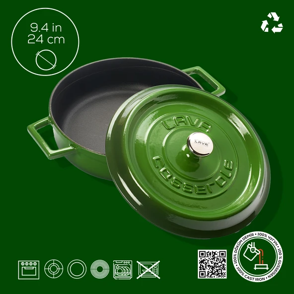 Lava Döküm Çok Amaçlı Yayvan Tencere. Trendy Serisi Çap(Ø)24cm.  Yeşil - Resim 4