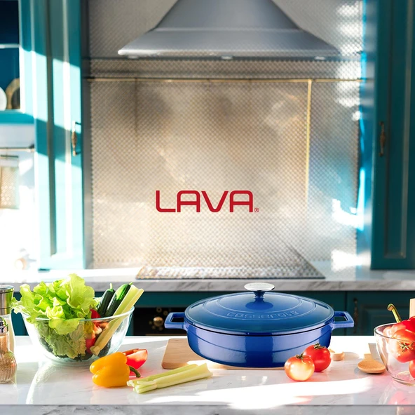 Lava Döküm Çok Amaçlı Yayvan Tencere. Folk Serisi Çap(Ø)28cm.  Mavi - Resim 6