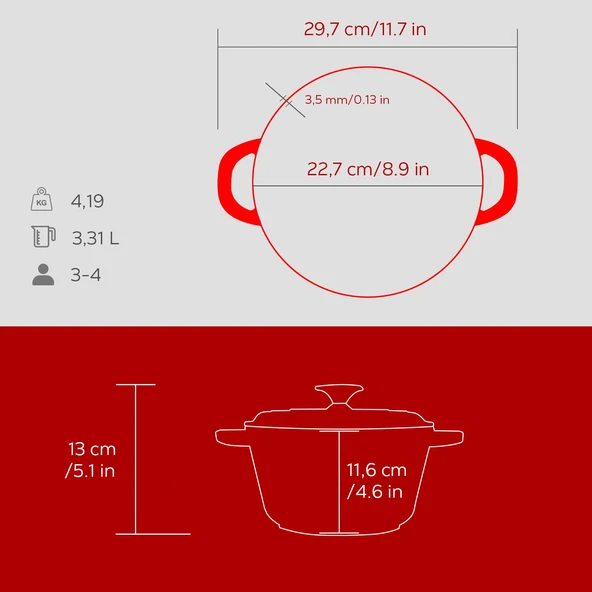 Lava Döküm Yuvarlak Tencere Döküm Demir Kapak New Heritage Serisi Çap(Ø)22cm.  Kırmızı - 5