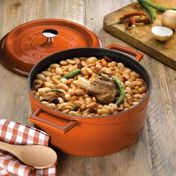 Lava Döküm Yuvarlak Derin ve Sığ 5 Parça Tencere Seti  Turuncu - Resim 5