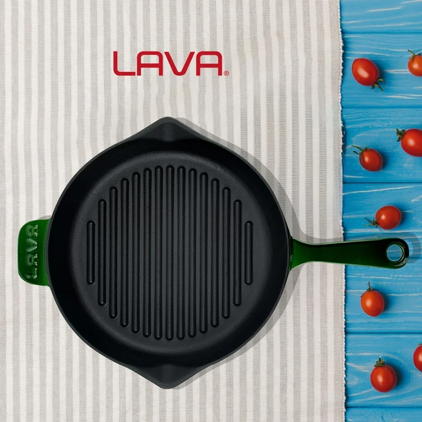 Lava Döküm Yuvarlak Izgara Tavası Döküm Demir Yekpare Saplı Premium Serisi. Çap(Ø)28cm.  Yeşil - Resim 7