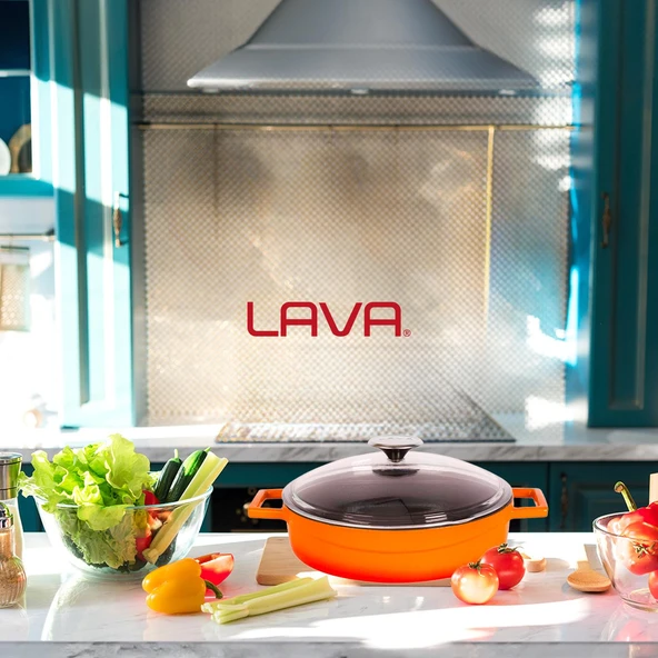 Lava Döküm Çok Amaçlı Yayvan Tencere. Glaze Serisi Çap(Ø)28cm.  Turuncu - 7