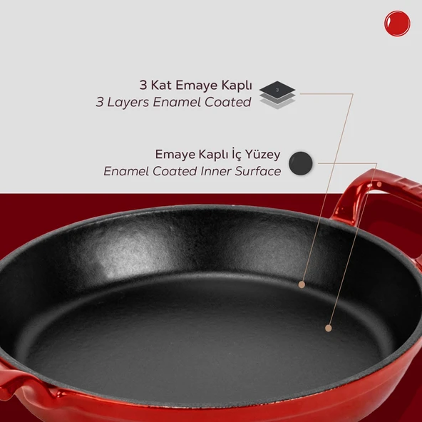 Lava Döküm Yuvarlak Sahan Döküm Demir Yekpare Çift Kulplu Çap(Ø)20cm.  Kırmızı - Resim 6