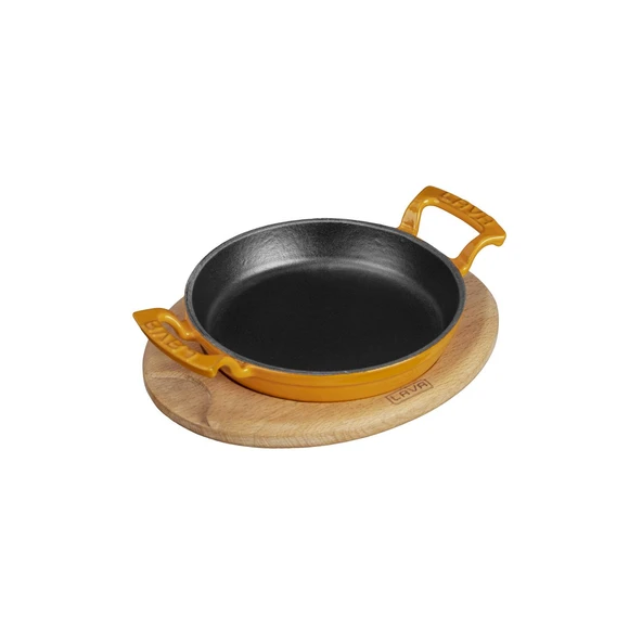 Lava Döküm Yuvarlak Sahan Döküm Demir Yekpare Çift Kulplu Kayın Servis Ahşabı. Çap(Ø)20cm.  Turuncu - Resim 2