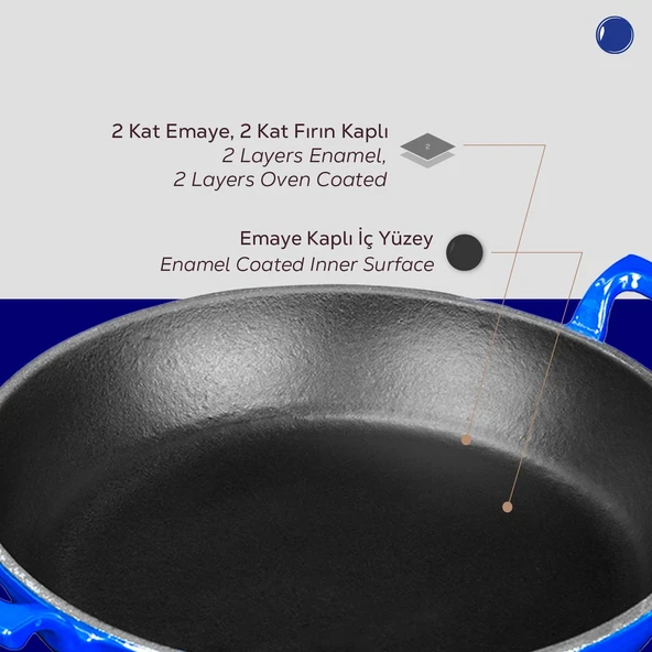 Lava Döküm Yuvarlak Sahan Döküm Demir Yekpare Çift Kulplu Çap(Ø)24cm.  Mavi - Resim 6
