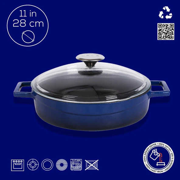 Lava Döküm Çok Amaçlı Yayvan Tencere. Glaze Serisi Çap(Ø)28cm. Mavi - 4