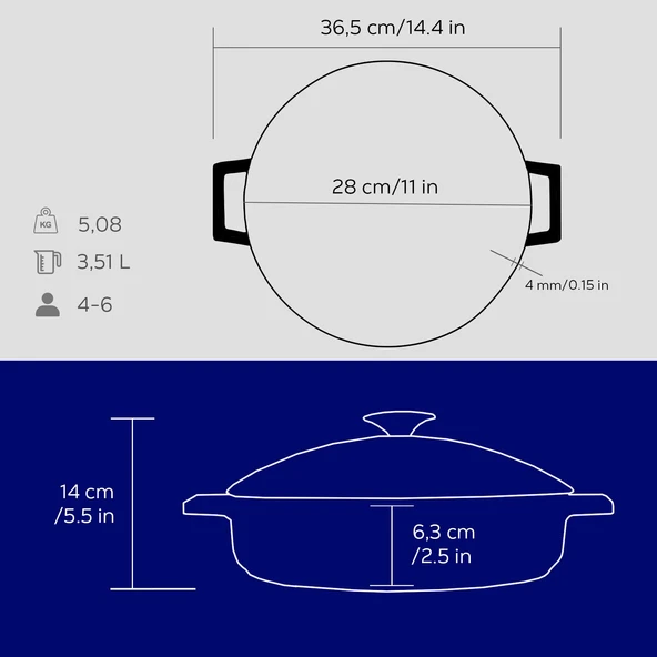 Lava Döküm Çok Amaçlı Yayvan Tencere. Glaze Serisi Çap(Ø)28cm. Mavi - 5