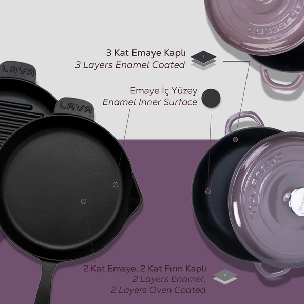 Lava Döküm 4X New Heritage Serisi Döküm Demir Tencere Tava Çeyiz Seti  Mor - Resim 6